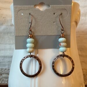 Boho Turquoise Bead & Hammered Copper Circle Drop Earrings